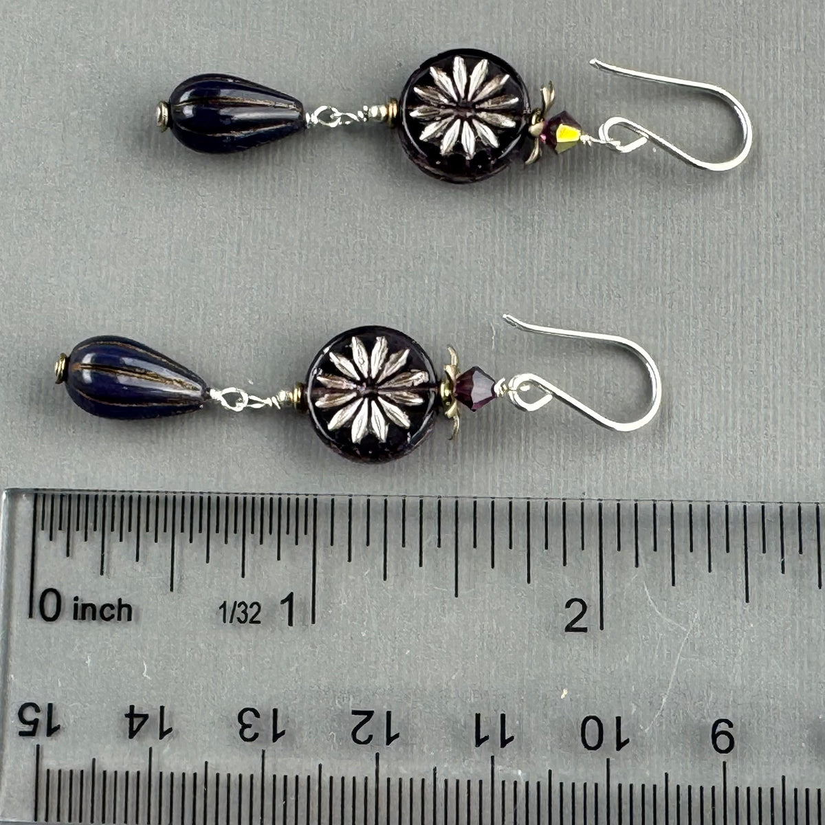 Czech Glass Purple Aster Flower Coin and Drop Bead Earrings in Sterling Silver