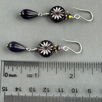 Czech Glass Purple Aster Flower Coin and Drop Bead Earrings in Sterling Silver