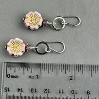 Light Pink Puffy Czech Glass Hibiscus Flower Drop Earrings in Sterling Silver