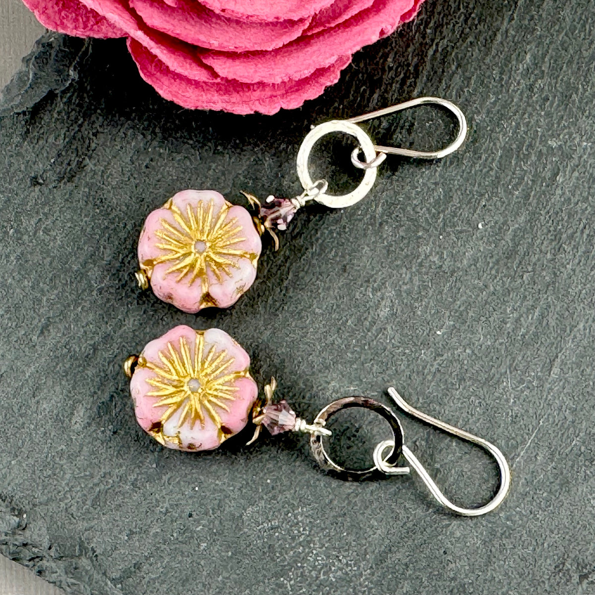 Light Pink Puffy Czech Glass Hibiscus Flower Drop Earrings in Sterling Silver