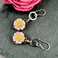 Light Pink Puffy Czech Glass Hibiscus Flower Drop Earrings in Sterling Silver