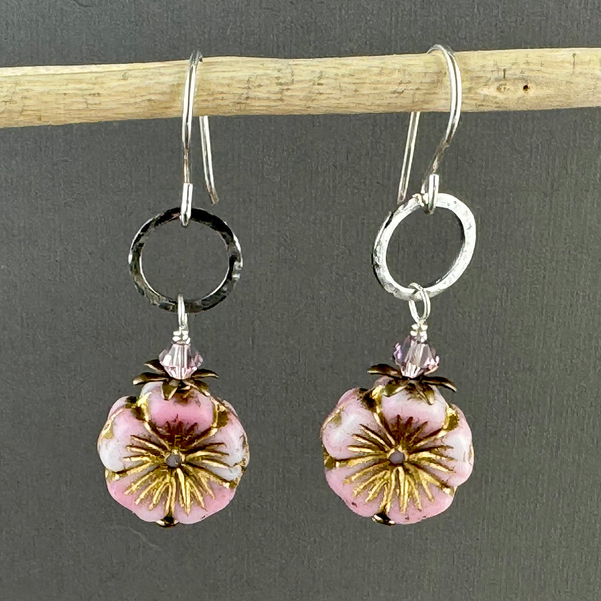 Light Pink Puffy Czech Glass Hibiscus Flower Drop Earrings in Sterling Silver