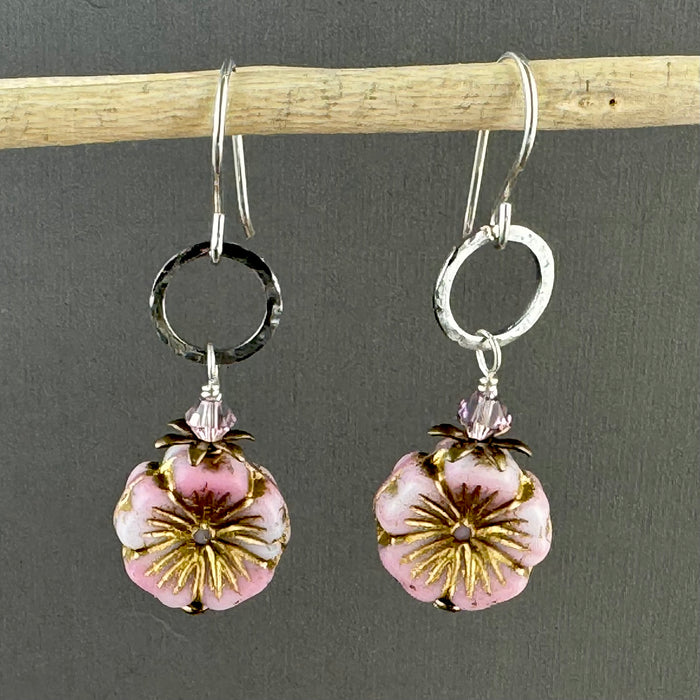 Light Pink Puffy Czech Glass Hibiscus Flower Drop Earrings in Sterling Silver