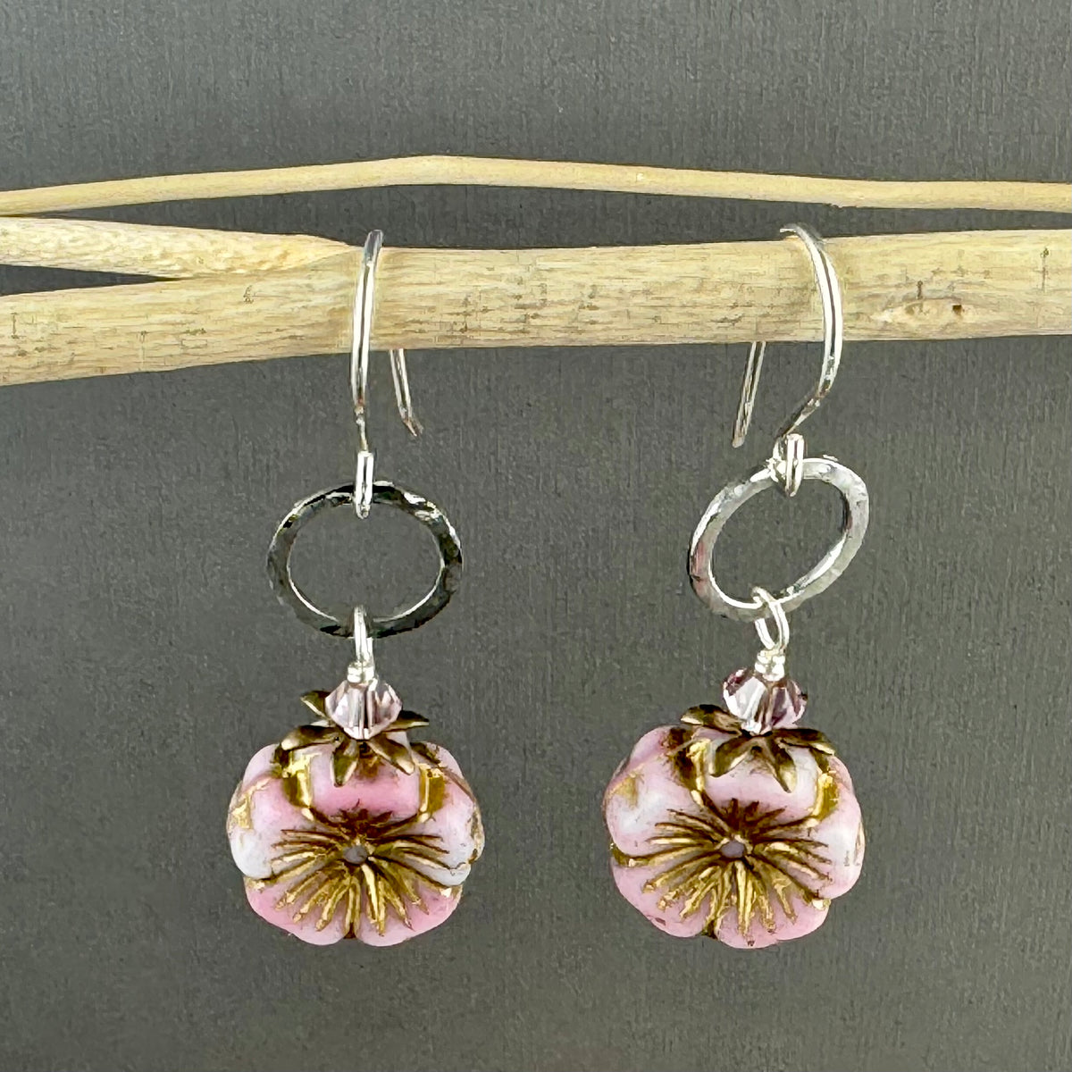 Light Pink Puffy Czech Glass Hibiscus Flower Drop Earrings in Sterling Silver