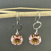 Light Pink Puffy Czech Glass Hibiscus Flower Drop Earrings in Sterling Silver
