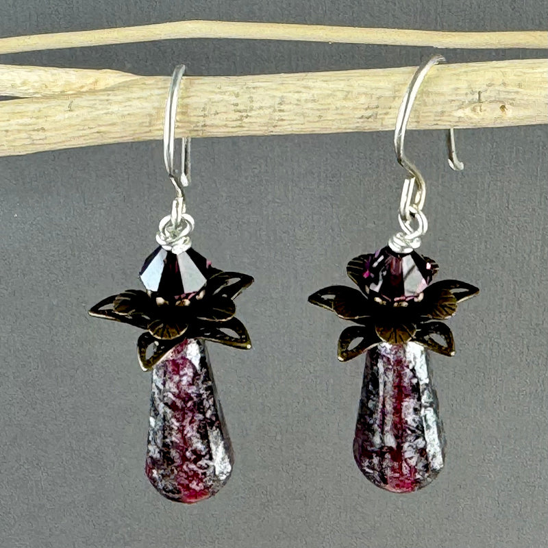 Victorian Purple and Frosted Silver Czech Glass Drop Earrings in Sterling Silver