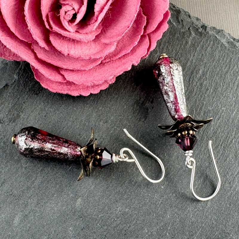 Victorian Purple and Frosted Silver Czech Glass Drop Earrings in Sterling Silver