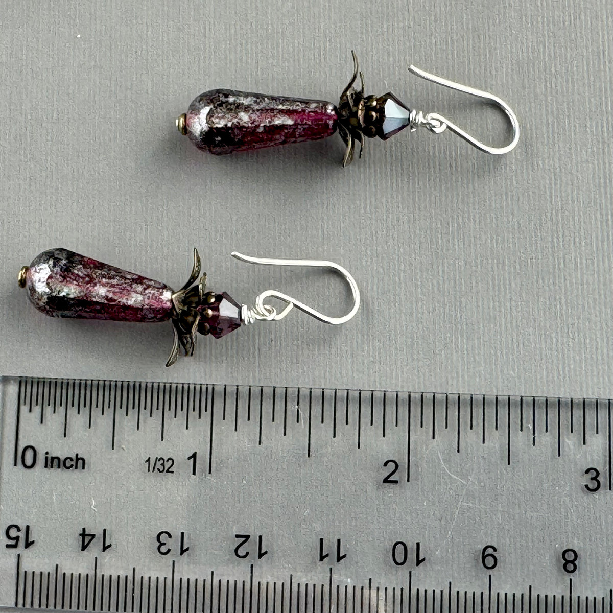 Victorian Purple and Frosted Silver Czech Glass Drop Earrings in Sterling Silver