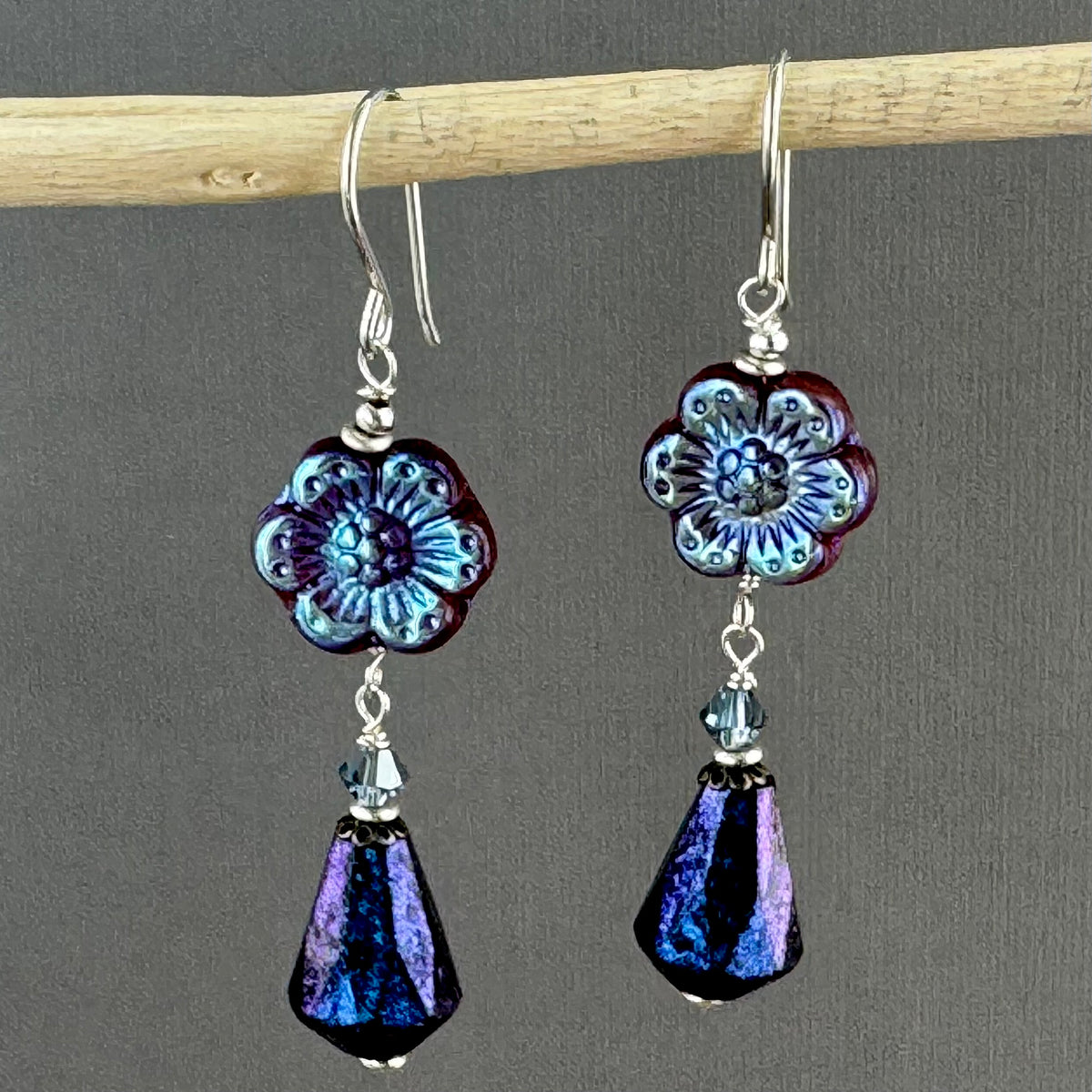 Czech Glass Purple Flower Octagon Drop Earrings in Sterling Silver