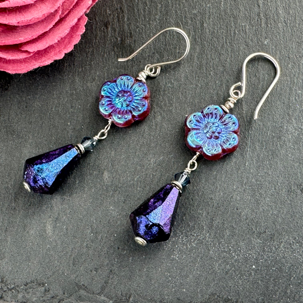Czech Glass Purple Flower Octagon Drop Earrings in Sterling Silver
