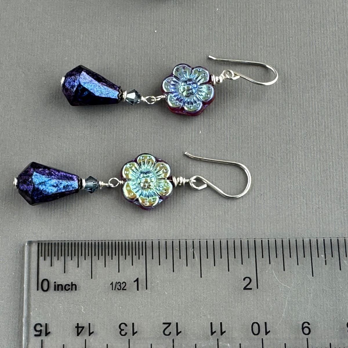 Czech Glass Purple Flower Octagon Drop Earrings in Sterling Silver
