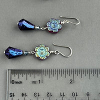 Czech Glass Purple Flower Octagon Drop Earrings in Sterling Silver