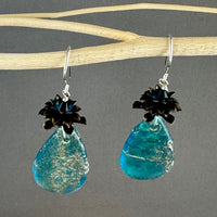 Czech Glass Large Textured Aquamarine and Gold Teardrop Earrings in Sterling Silver