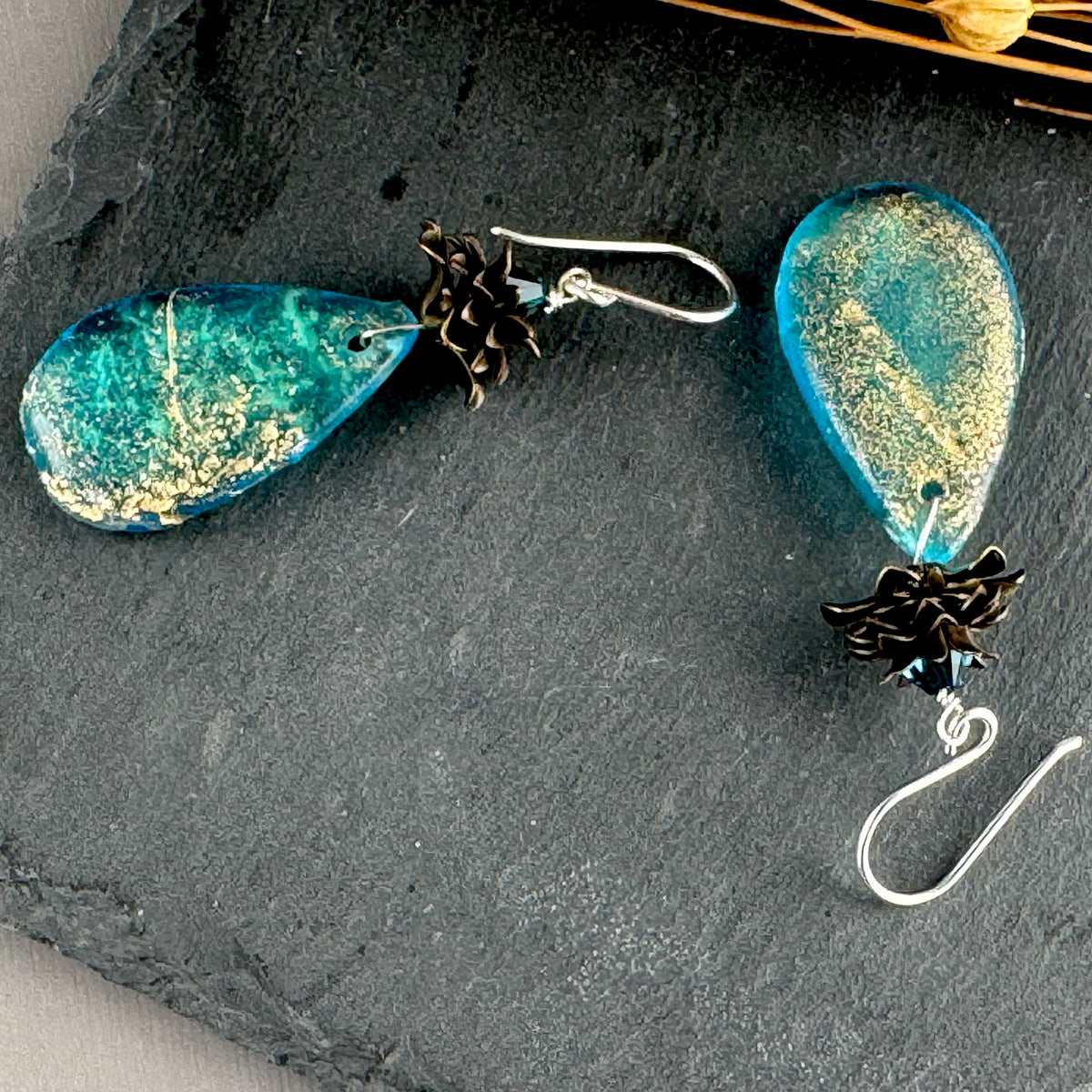 Czech Glass Large Textured Aquamarine and Gold Teardrop Earrings in Sterling Silver