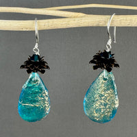 Czech Glass Large Textured Aquamarine and Gold Teardrop Earrings in Sterling Silver