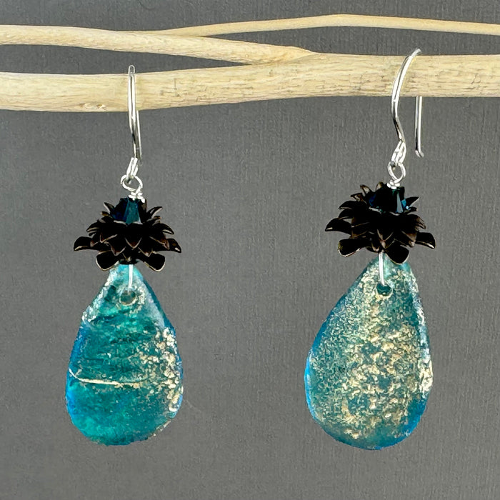 Czech Glass Large Textured Aquamarine and Gold Teardrop Earrings in Sterling Silver