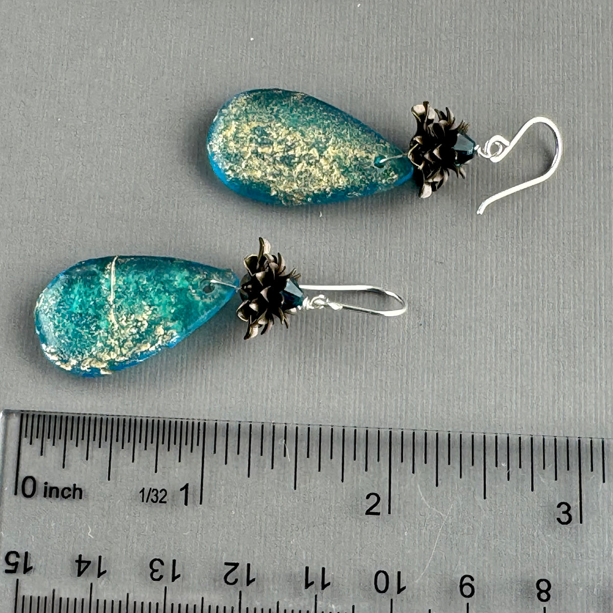 Czech Glass Large Textured Aquamarine and Gold Teardrop Earrings in Sterling Silver