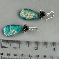 Czech Glass Large Textured Aquamarine and Gold Teardrop Earrings in Sterling Silver