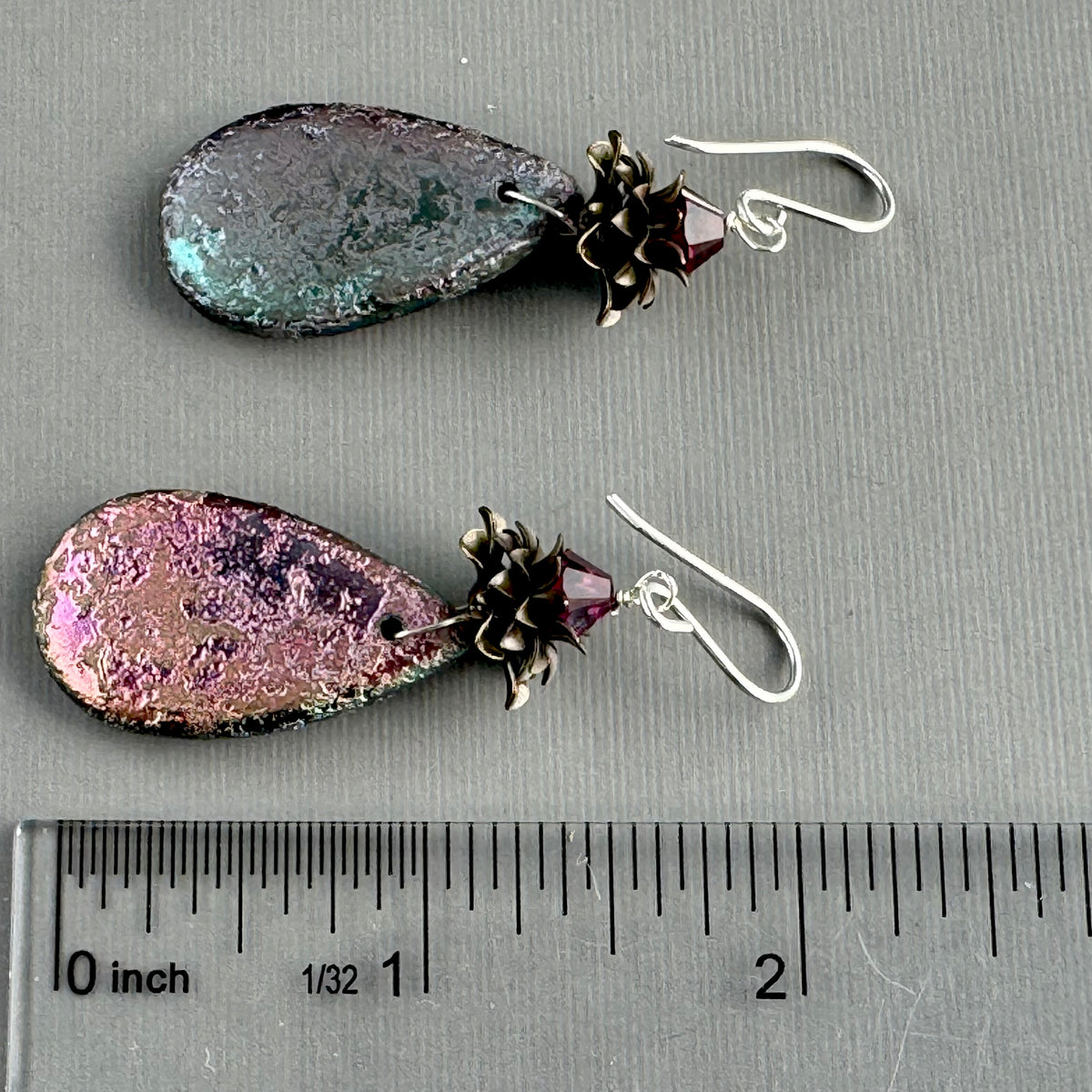 Czech Glass Large Textured Green and Pink Teardrop Earrings in Sterling Silver