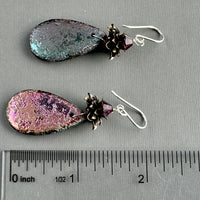 Czech Glass Large Textured Green and Pink Teardrop Earrings in Sterling Silver