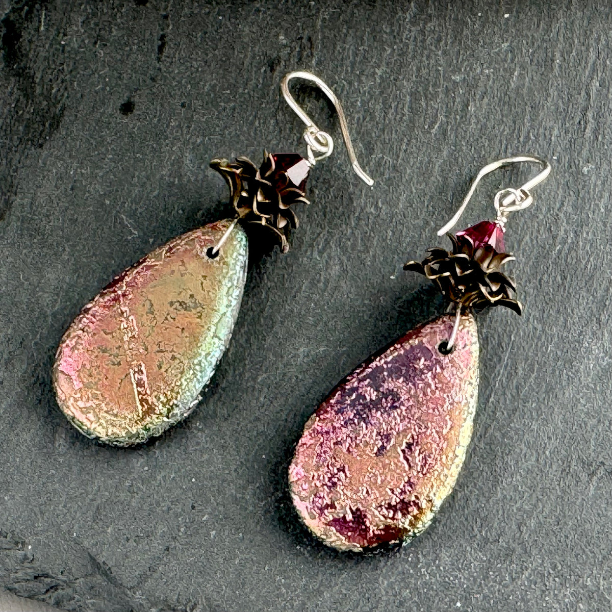 Czech Glass Large Textured Green and Pink Teardrop Earrings in Sterling Silver