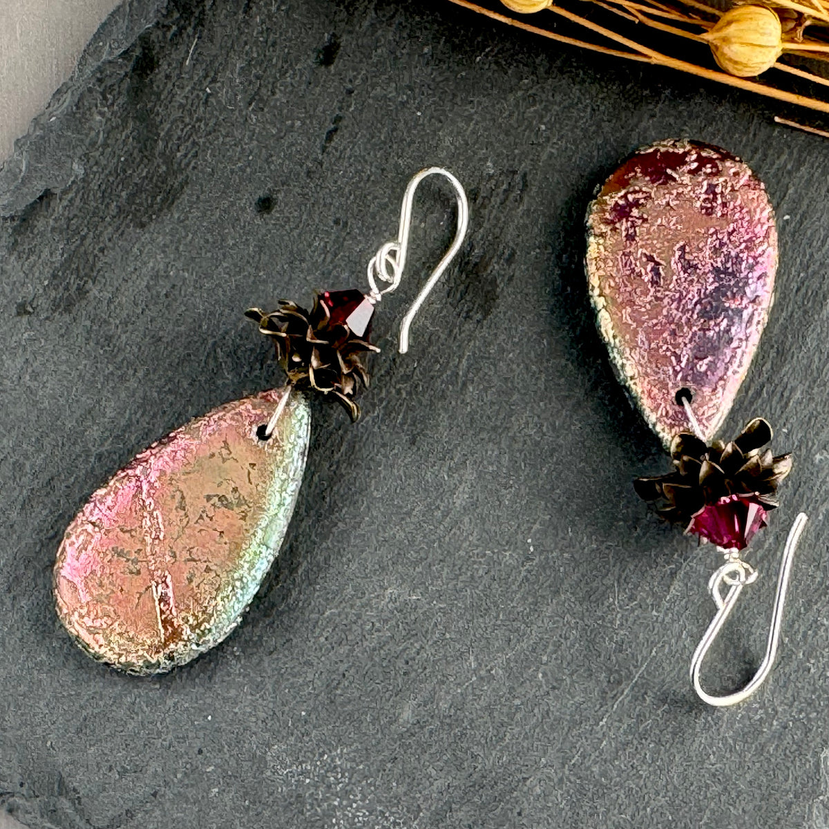 Czech Glass Large Textured Green and Pink Teardrop Earrings in Sterling Silver