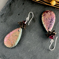 Czech Glass Large Textured Green and Pink Teardrop Earrings in Sterling Silver
