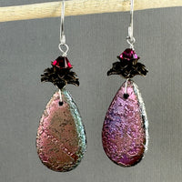 Czech Glass Large Textured Green and Pink Teardrop Earrings in Sterling Silver