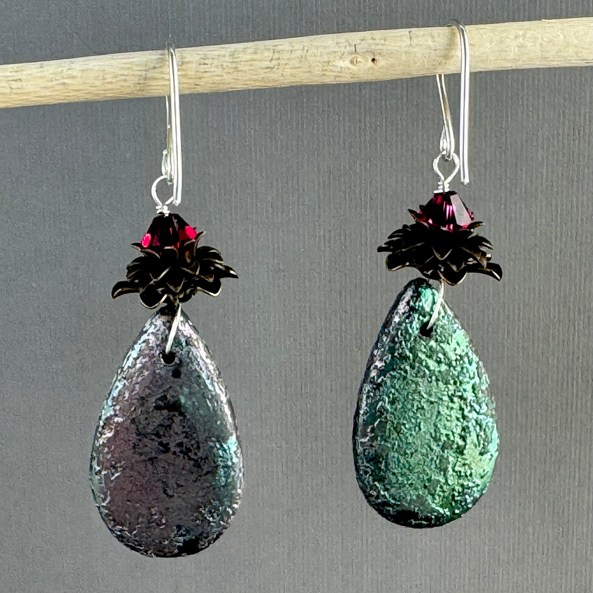 Czech Glass Large Textured Green and Pink Teardrop Earrings in Sterling Silver