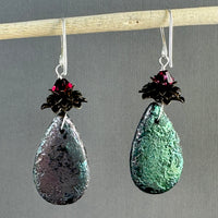 Czech Glass Large Textured Green and Pink Teardrop Earrings in Sterling Silver