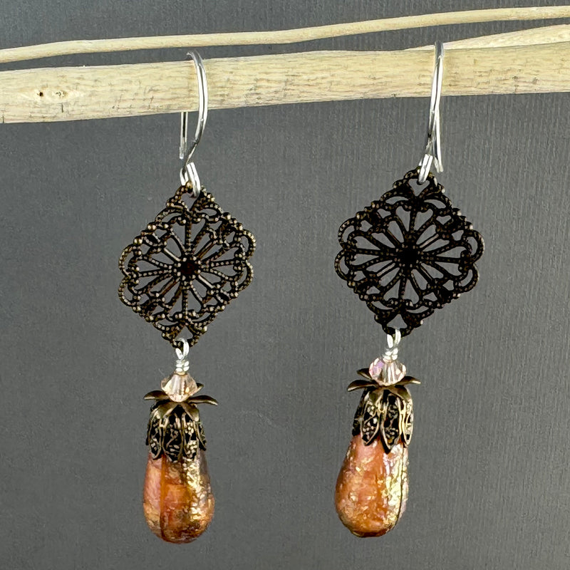 Victorian Frosted Peach Czech Glass Drops with Brass Filigree Components in Sterling Silver