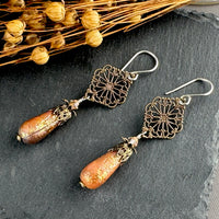 Victorian Frosted Peach Czech Glass Drops with Brass Filigree Components in Sterling Silver