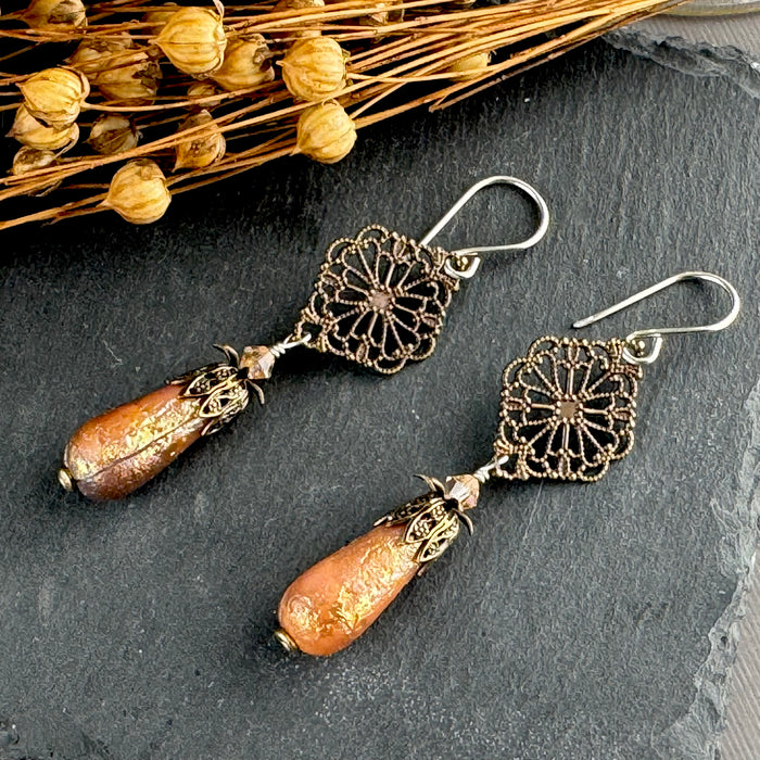Victorian Frosted Peach Czech Glass Drops with Brass Filigree Components in Sterling Silver