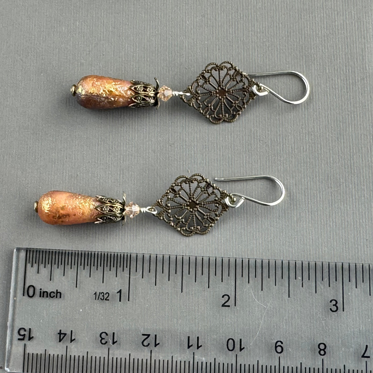 Victorian Frosted Peach Czech Glass Drops with Brass Filigree Components in Sterling Silver