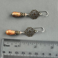 Victorian Frosted Peach Czech Glass Drops with Brass Filigree Components in Sterling Silver
