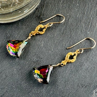 Vintage Triangle Vitrail AB Czech Crystal Drop Earrings in 14K Gold Fill