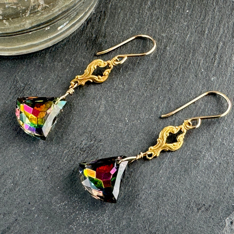 Vintage Triangle Vitrail AB Czech Crystal Drop Earrings in 14K Gold Fill