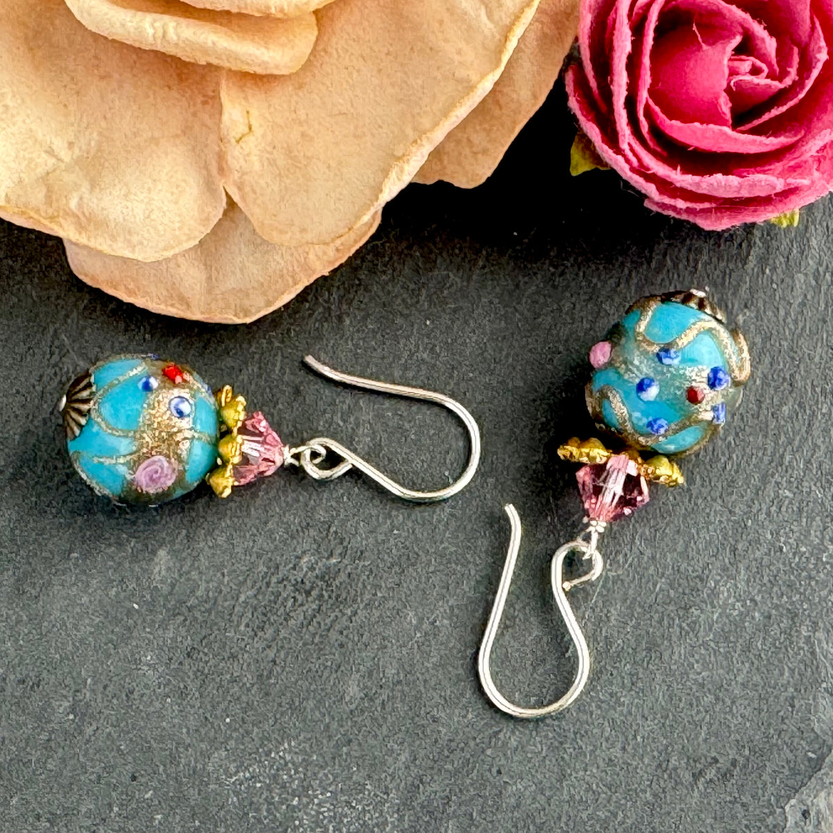 Vintage Baby Blue Round Italian Wedding Cake Earrings in Sterling Silver