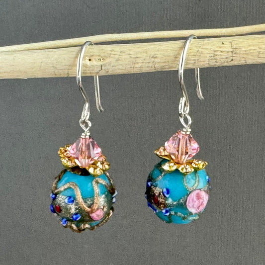 Vintage Baby Blue Round Italian Wedding Cake Earrings in Sterling Silver