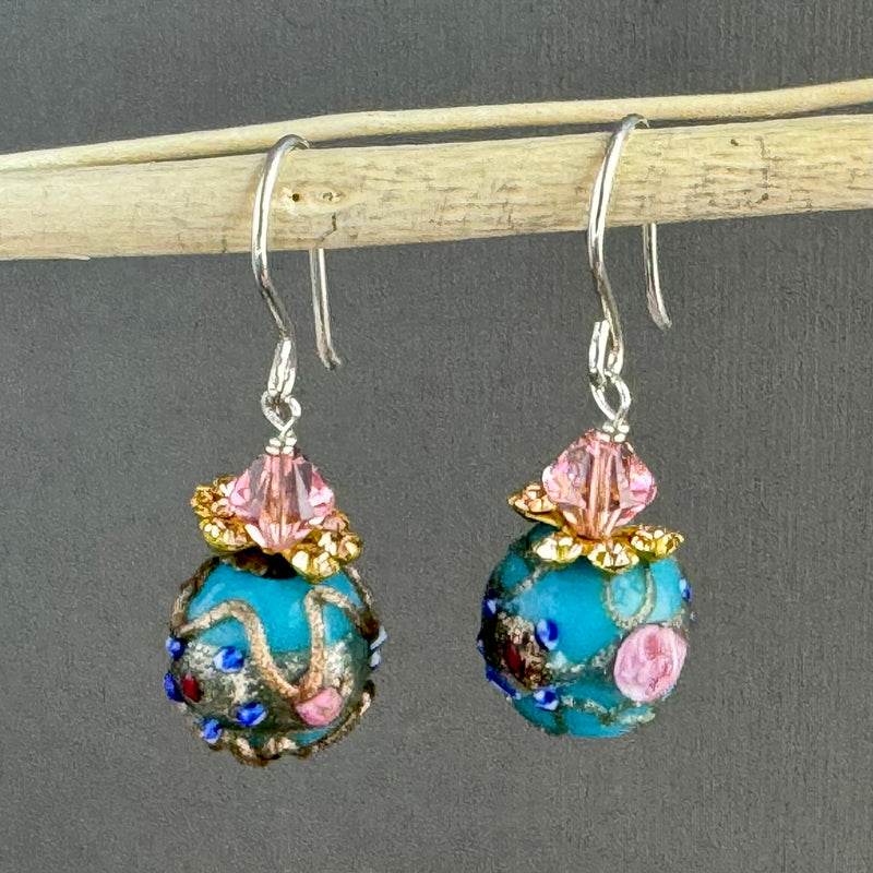 Vintage Baby Blue Round Italian Wedding Cake Earrings in Sterling Silver