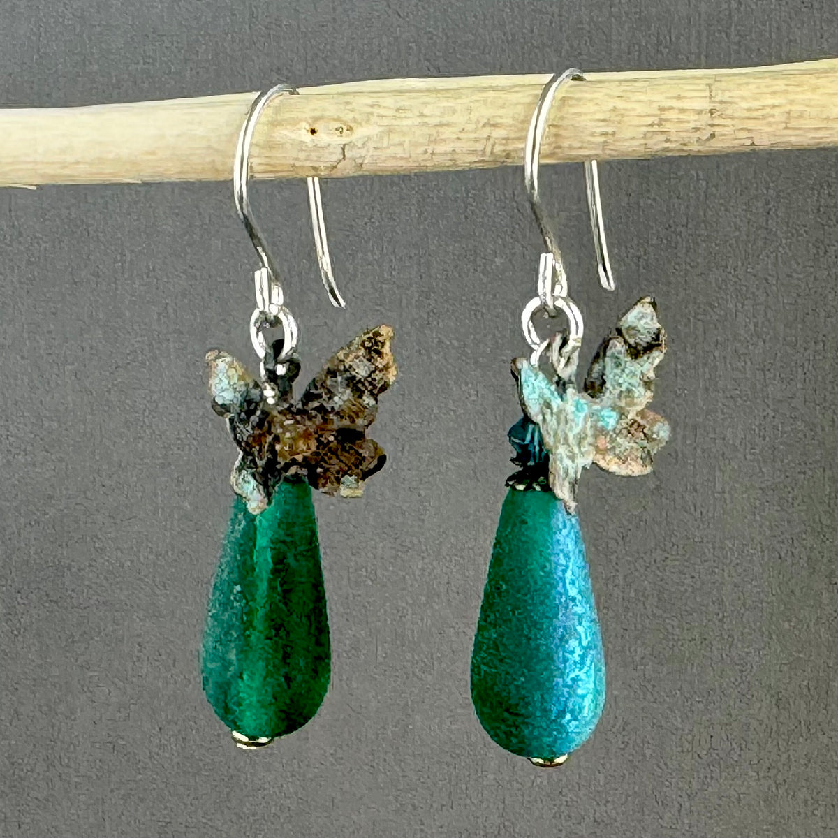 Czech Glass Frosted Green/Blue Dangle Drop Earrings with Brass Butterfly Components in Sterling Silver