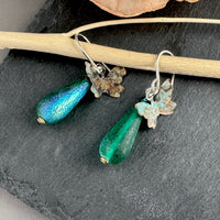 Czech Glass Frosted Green/Blue Dangle Drop Earrings with Brass Butterfly Components in Sterling Silver