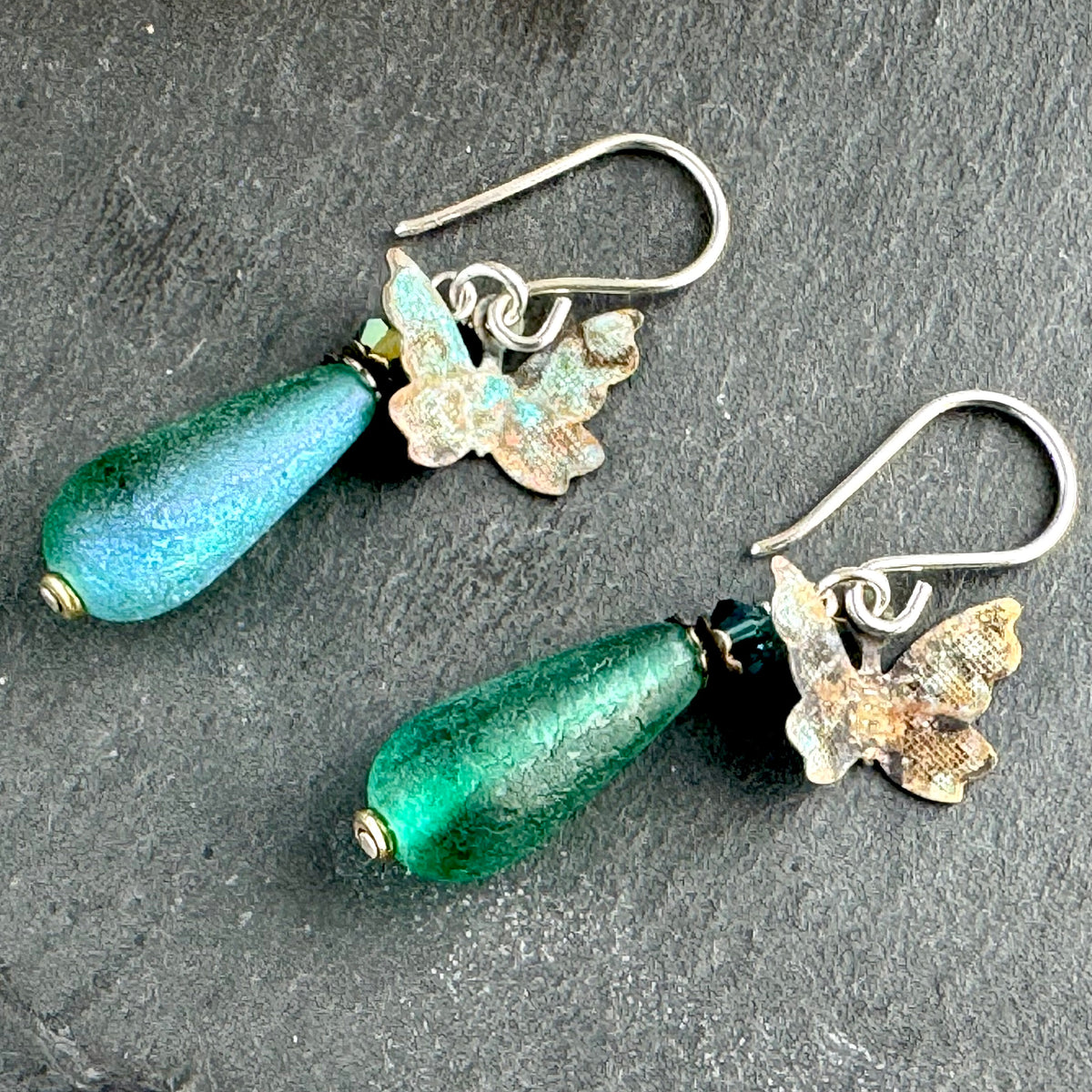 Czech Glass Frosted Green/Blue Dangle Drop Earrings with Brass Butterfly Components in Sterling Silver