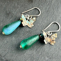 Czech Glass Frosted Green/Blue Dangle Drop Earrings with Brass Butterfly Components in Sterling Silver