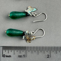 Czech Glass Frosted Green/Blue Dangle Drop Earrings with Brass Butterfly Components in Sterling Silver