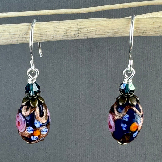 Vintage Navy Blue Oval Italian Wedding Cake Earrings in Sterling Silver