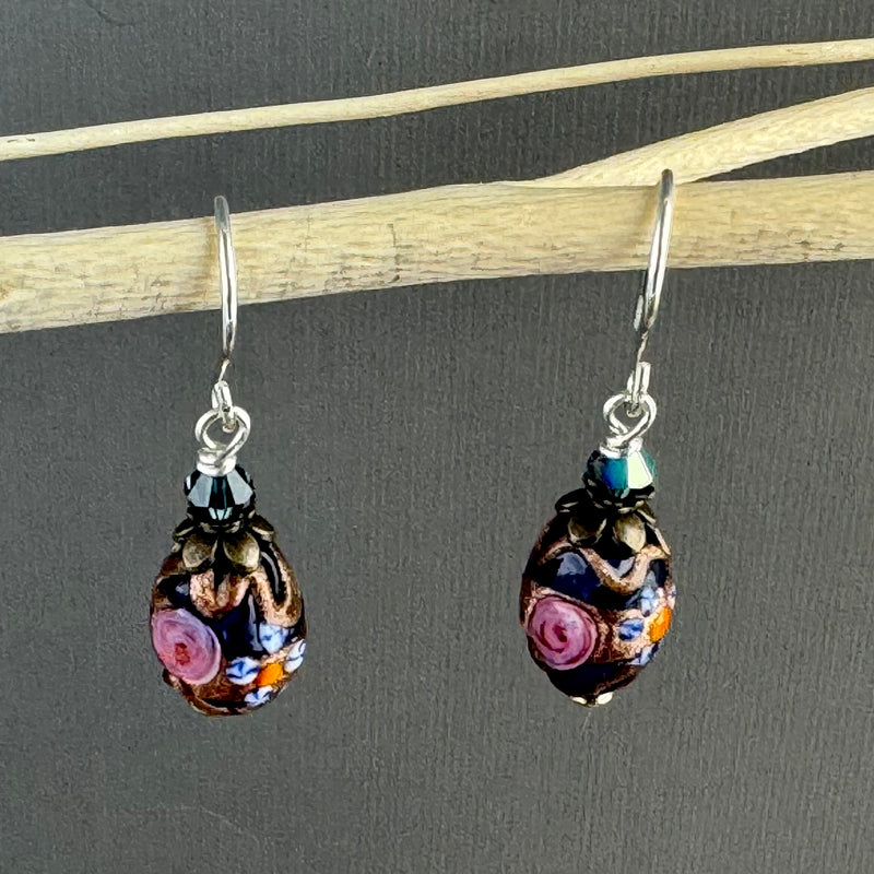 Vintage Navy Blue Oval Italian Wedding Cake Earrings in Sterling Silver