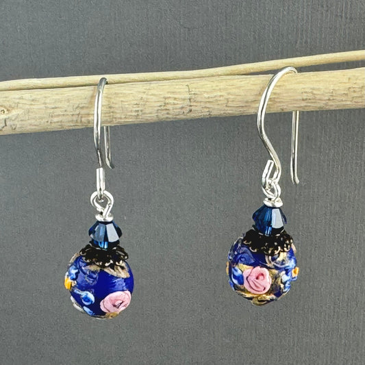 Vintage Navy Blue Round Italian Wedding Cake Earrings in Sterling Silver