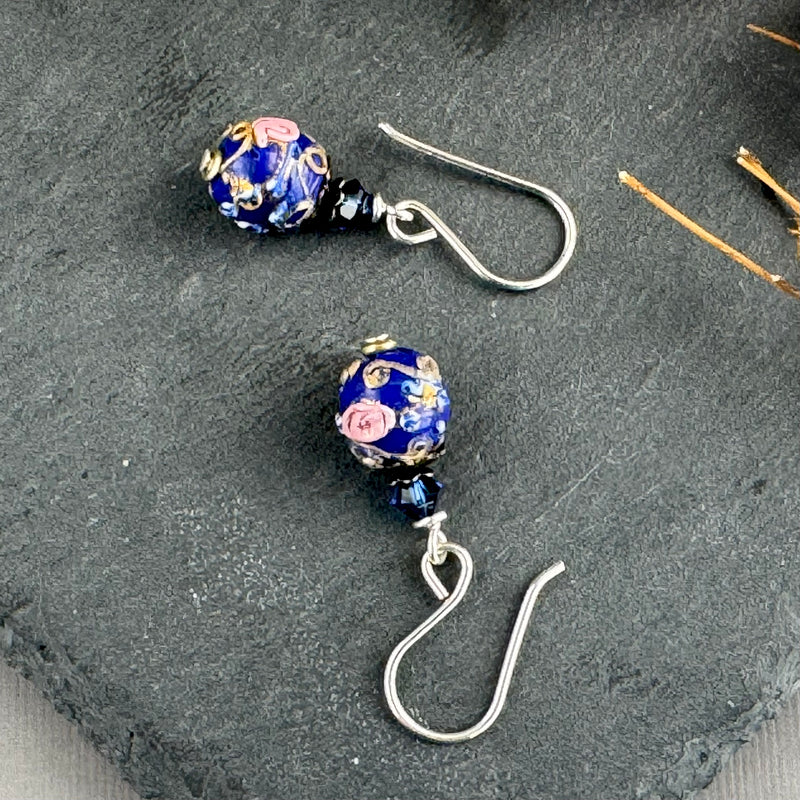Vintage Navy Blue Round Italian Wedding Cake Earrings in Sterling Silver