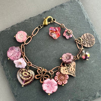 Pink Czech Glass Dangle Bracelet in Copper